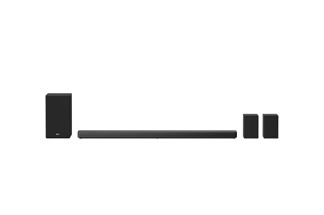 LG SN11RG Barra de Sonido de 7.1.4 Canales de Audio de Alta Resolución con Dolby Atmos?, 770W de potencia, Bocinas con Sonido Envolvente y Asistente de Google integrado., vista frontal con altavoz de graves y altavoz trasero con salida superior, SN11RG