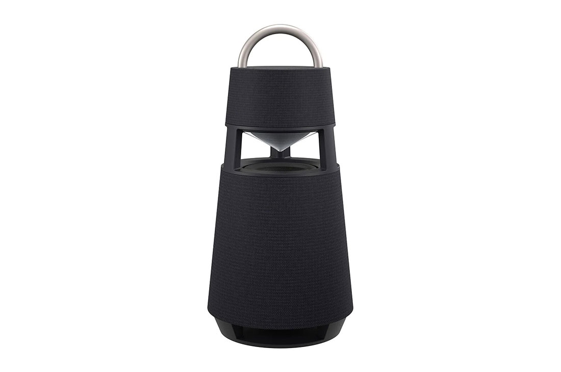 LG XBOOM360 RP4B, ángulo frontal con iluminación amarilla encendida, RP4B
