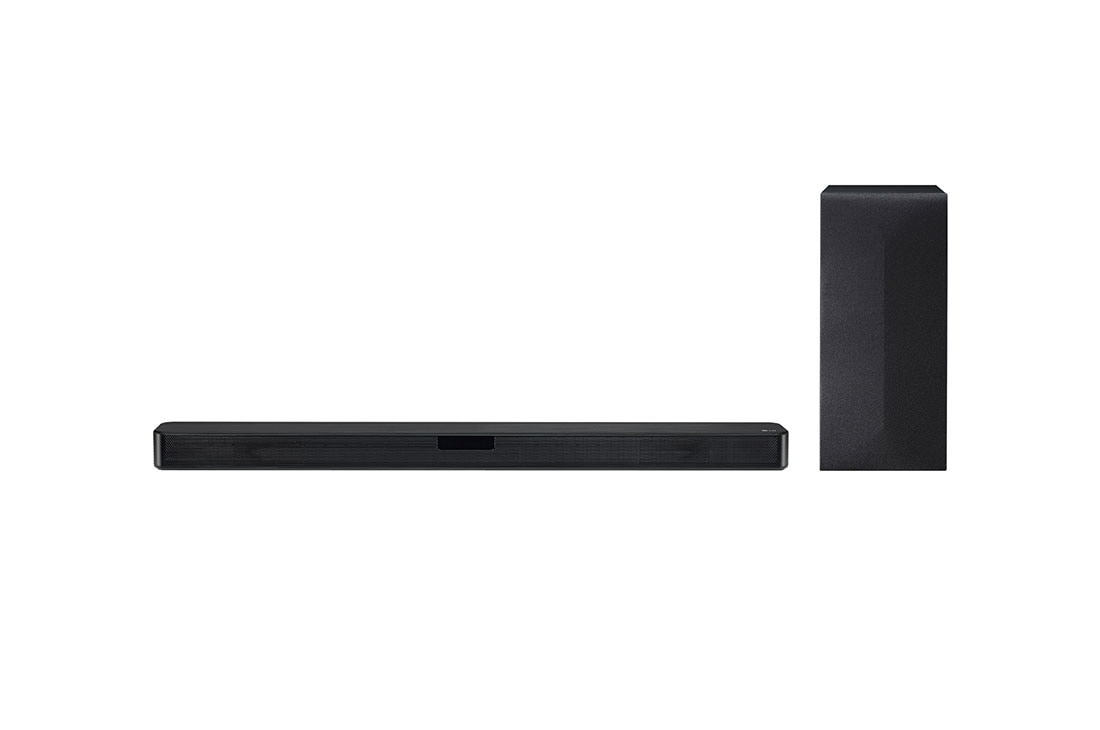 LG Barra de Sonido con Subwoofer inámbrico 300W de potencia, 2.1 canales, HDMI Arc, Bluetooth, Dolby Digital, USB., vista frontal con el subwoofer, SN4