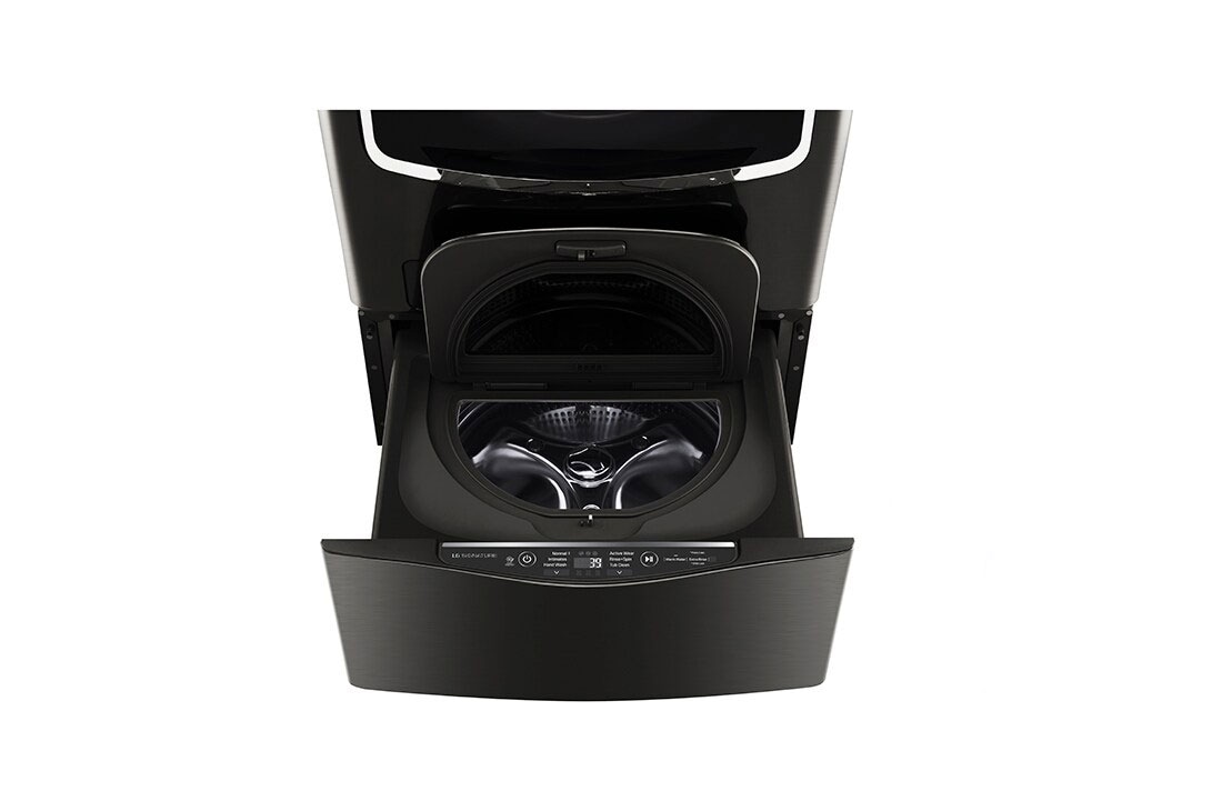 LG TWINWash Mini ? LG SIGNATURE |1.0 p? |3D Motion| Acero Inoxidable Negro| Smart Diagnosis, LG SIGNATURE 1.0 cu. ft. LG SideKick? Pedestal Washer, LG TWINWash? Compatible , 30 degree top front view with inside cover open, WD205CK, thumbnail 9, WD205CK