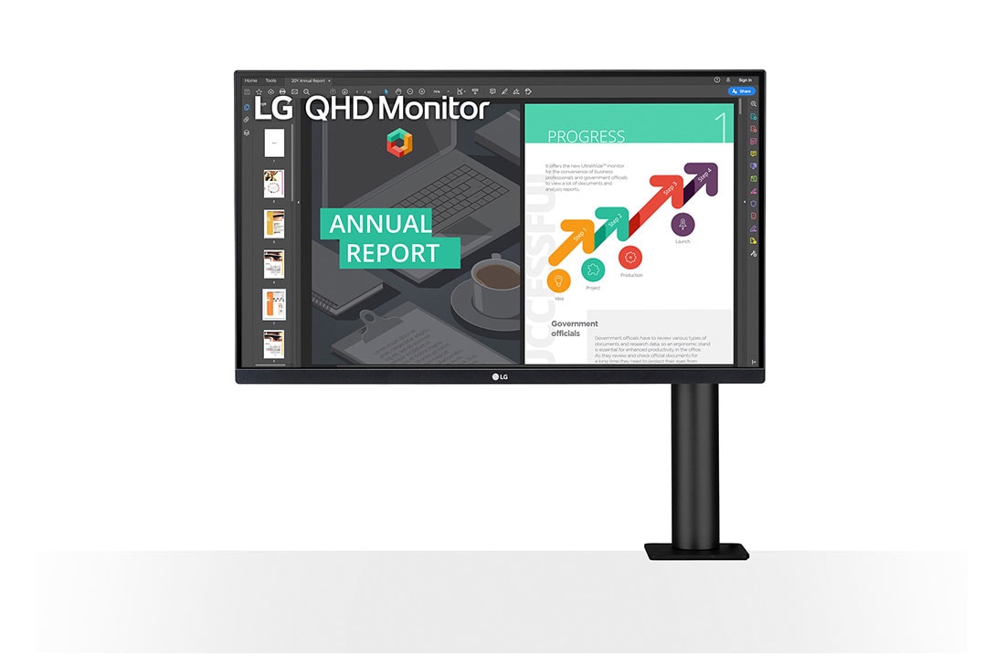 LG Monitor QHD Ergo IPS de 27'' con USB Tipo-C?, Vista frontal del brazo del monitor a la derecha, 27QN880-B