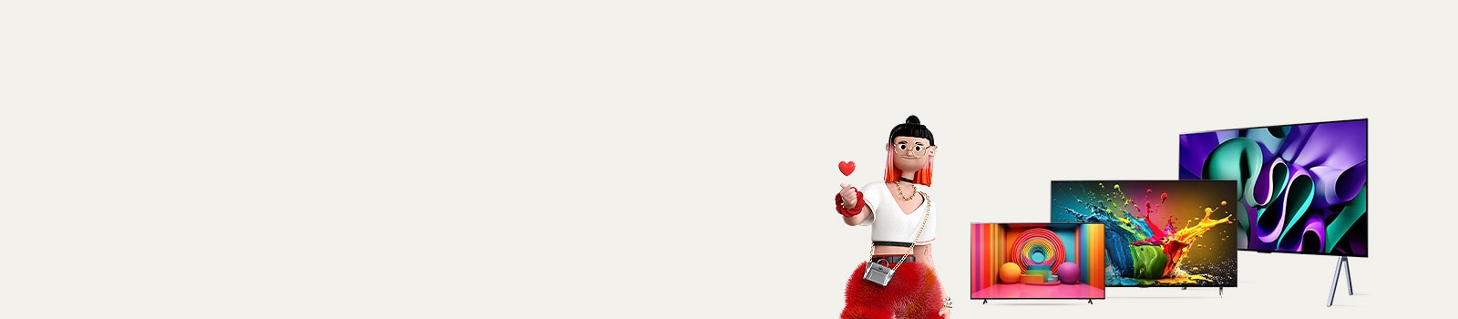 Una figura femenina animada que hace un corazón con sus manos está al lado de tres OLED/QNED TV: la primera es una LG OLED TV, la segunda es una LG QNED TV sobre un soporte y la tercera es una LG OLED TV M4 con un soporte de 2 postes. A la izquierda están las palabras “?Cómo elijo la mejor TV?” y un botón rojo con las palabras “Más información”.
