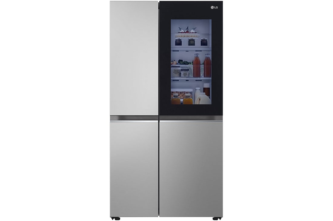 LG Refrigeradora Side by Side InstaView? 24.5p? Smart Inverter, ThinQ? Color Brushed Steel, front view, VS25VVNW