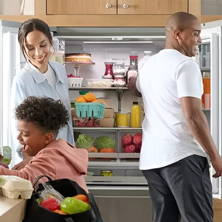 Un frigorífico LG de varias puertas con súper capacidad de 32 pies cúbicos, destacando su capacidad para almacenar más comida que nunca.
