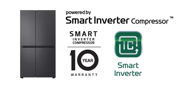 Imagen del producto con el logo del Compresor Smart Inverter? y el logo de garantía de 10 a?os.