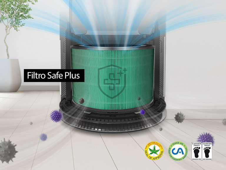 En una mitad del purificador, el filtro de desodorización; en la otra, el filtro Safe Plus.