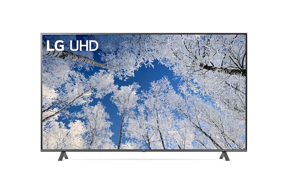 LG Pantalla LG UHD webOS 22 75” UQ7070 LED 4K Smart, Una vista frontal del televisor LG UHD con la imagen de relleno y el logotipo del producto encima, 75UQ7070ZUD