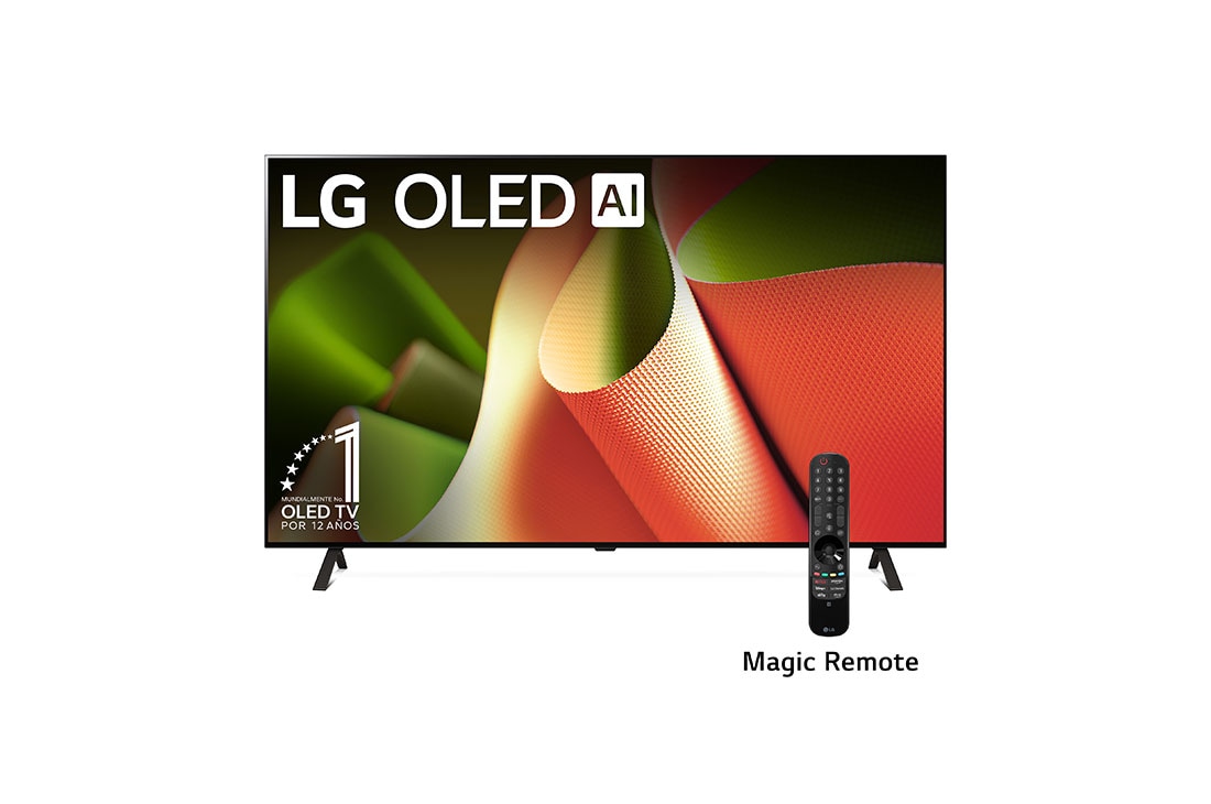 LG 77''pulgadas LG OLED B4 4K Smart TV 2024, Vista frontal con LG OLED TV, OLED B4, 11 a?os del emblema OLED número 1 del mundo y logotipo de webOS Re:New Program en pantalla con soporte de 2 polos, OLED77B4PSA