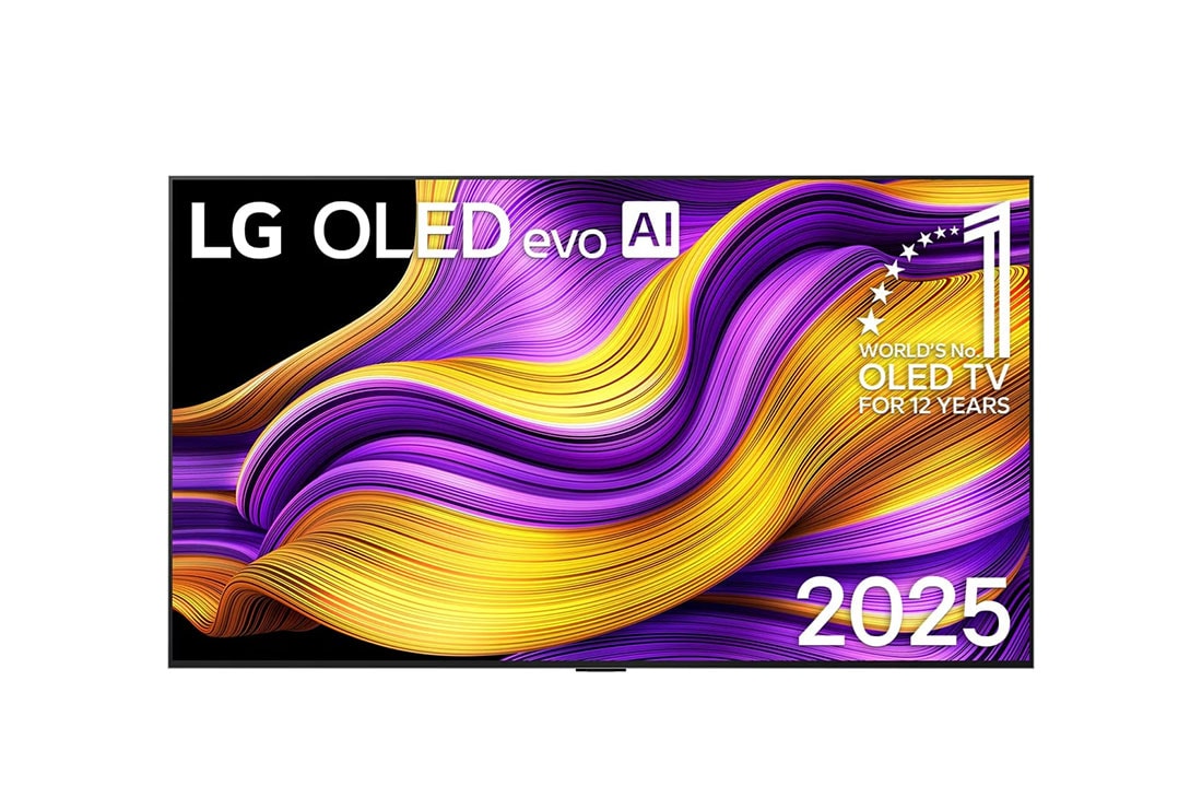 LG 65 pulgadas LG OLED evo AI G5 4K Smart TV 2025, Front view of LG OLED evo AI G5 4K Smart TV. 12 Years of world number 1 OLED emblem and LG OLED evo AI 2025 logo are on the screen., OLED65G5PSA