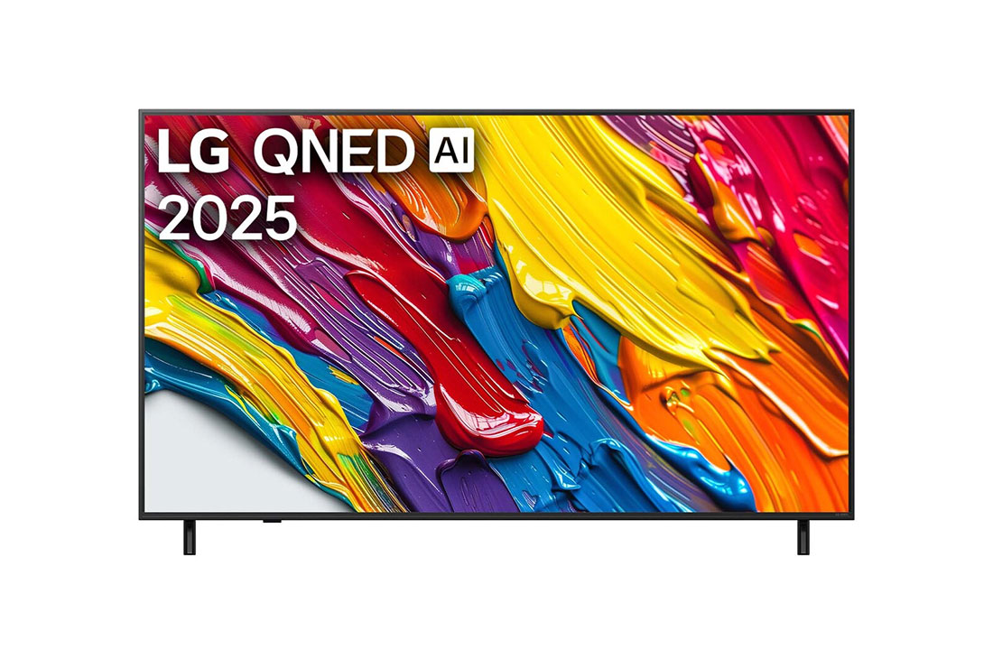 LG 65 pulgadas LG QNED AI QNED82 4K Smart TV 2025, Front view of LG QNED82 TV, LG QNED Al Logo on the top corner. LG QNED TV depicts colorful paintike textures coming together., 65QNED82ASG