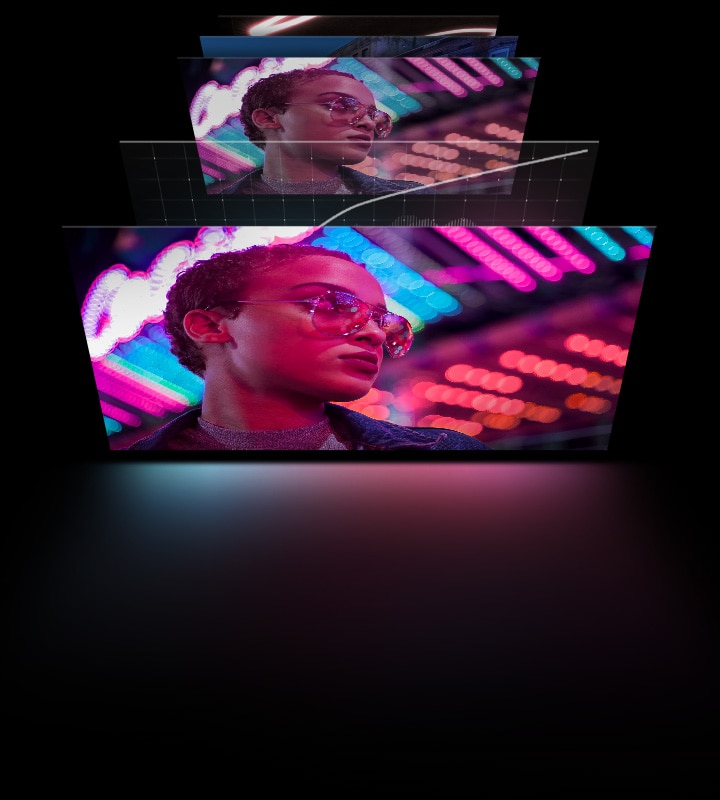 Un primer plano apagado de una mujer con gafas de sol y luces de neón reflejadas en ella. Se representa una curva sobre la parte superior de la imagen, y se realiza la corrección de tono HDR para volverse más clara y brillante.