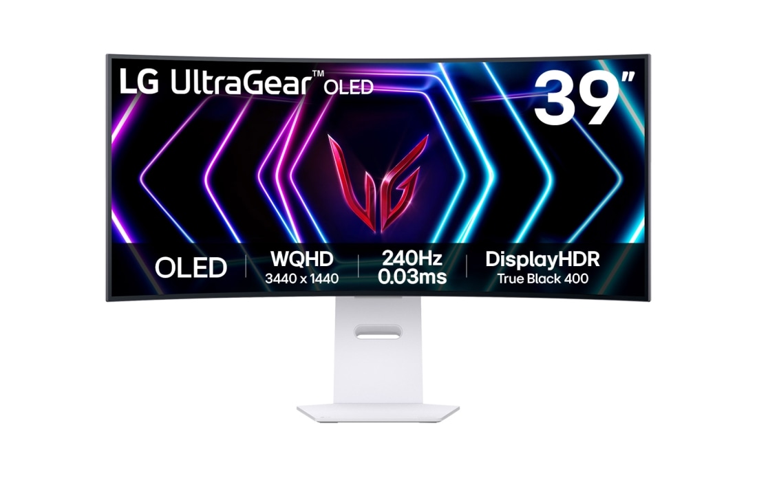 LG 39'' UltraGear? OLED 新款 800R 曲面屏電競顯示器 | 21:9 Ultra-WQHD 240Hz, 0.03ms (GtG), DisplayHDR True Black 400, 正面圖, 39GS95QE-W