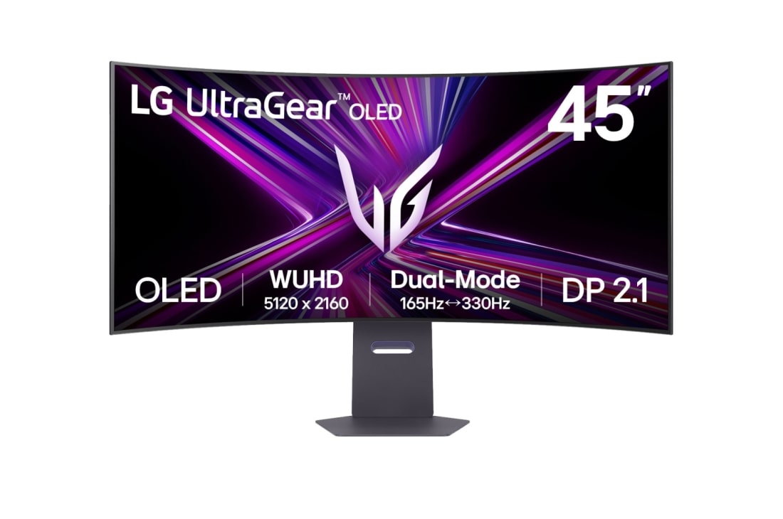 LG UltraGear? 44.5英寸 OLED Dual-Mode 5K2K 電競顯示器 | 0.03ms (GtG), Rich Bass (10Wx2), DisplayHDR True Black 400, DP 2.1 & USB-C, front view, 45GX950A-B