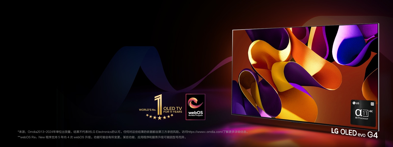 LG OLED G4 在黑色背景下顯示了橙色、黃色和紫色的抽象圖片。圖像的左下角有“11 年世界第一的 OLED 電視”的標志。