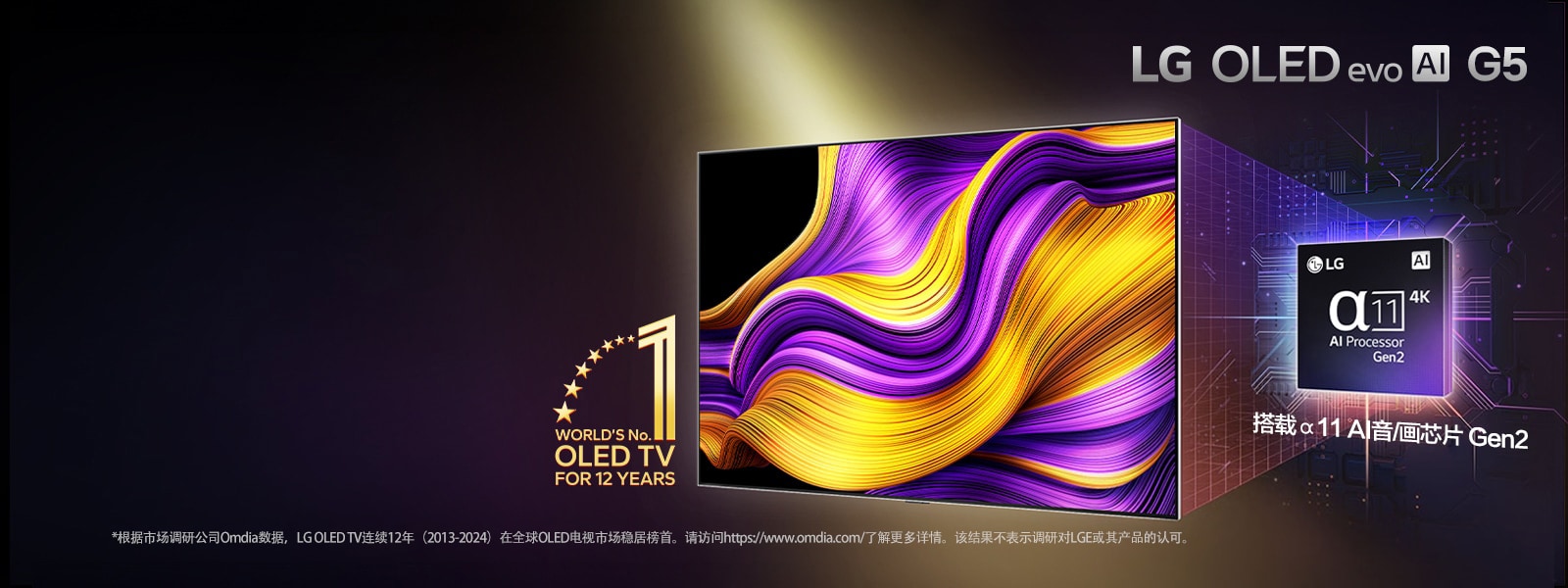 LG OLED G5 在黑色背景下顯示了紫色和黃色的抽象圖片。圖像的左下角有“12 年世界第一的 OLED 電視”的標志。