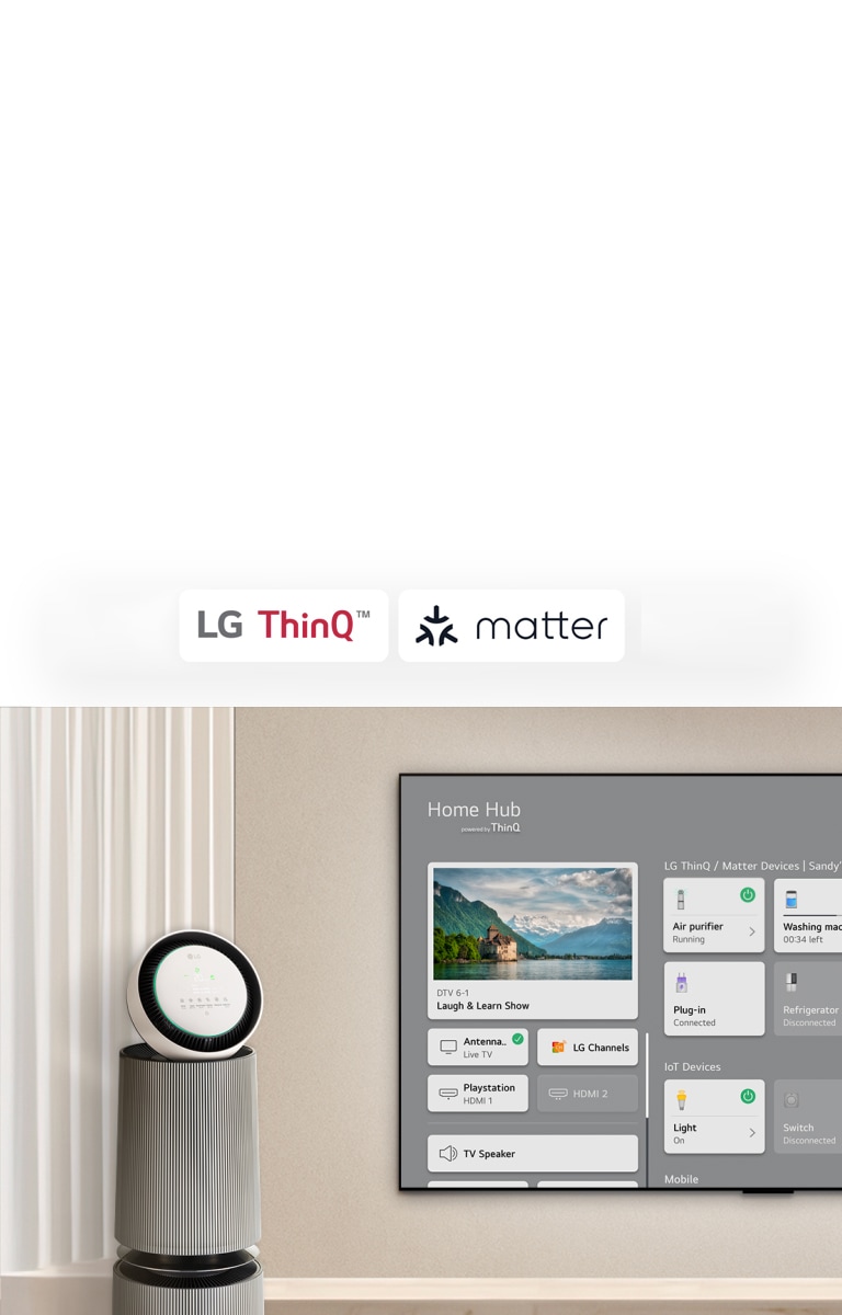 LG ThinQ?、matter 和 Apple Home 的徽標。  壁掛式 LG TV，左側是 LG PuriCare? Objet Collection 360。電視屏幕上顯示 Home Hub。一個鼠標單擊“Air purifier（空氣凈化器）”，LG PuriCare? Objet Collection 360°已激活。