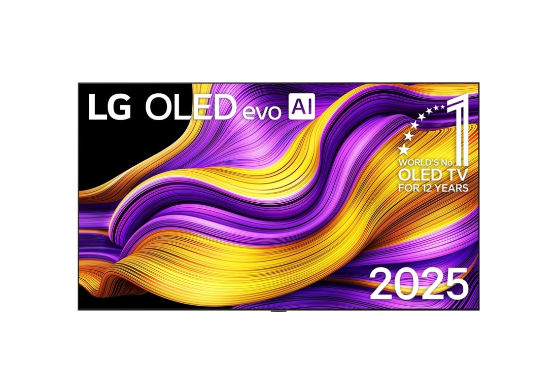 LG 97英寸 LG OLED evo AI G5 4K智能電視, LG OLED evo AI G5 4K 智能電視的正視圖。屏幕上有 12 年全球最佳 OLED 標志和 LG OLED evo AI 2025 標志。, OLED97G5PCA