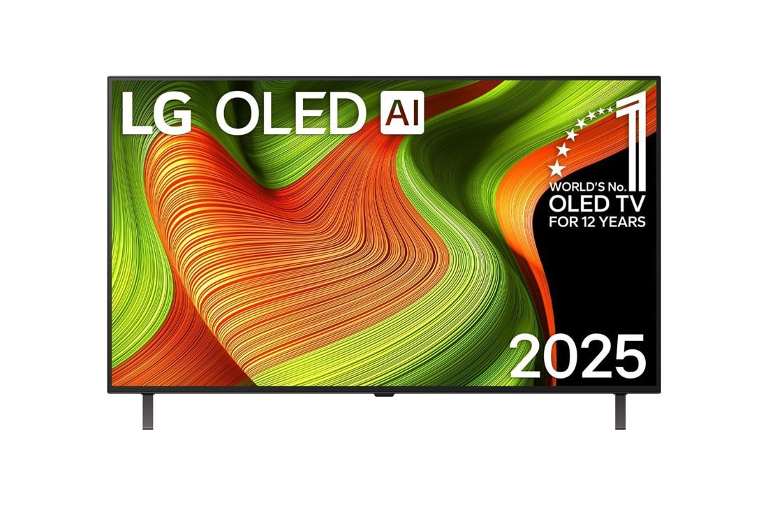 LG 48 英寸 LG OLED AI B5 4K 智能電視 , LG OLED AI B5 4K 智能電視的正視圖。屏幕上有 12 年全球最佳 OLED 標志和 LG OLED AI 2025 標志。, OLED48B5PCA