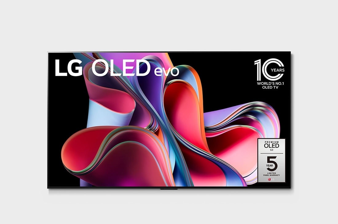LG 2023款LG OLED evo G3 77英寸4K智能電視, 屏幕上標有LG OLED evo和LG OLED電視連續10年全球銷量領先的正面視圖。面板保修期五年的標志顯示在屏幕上。, OLED77G3PCA