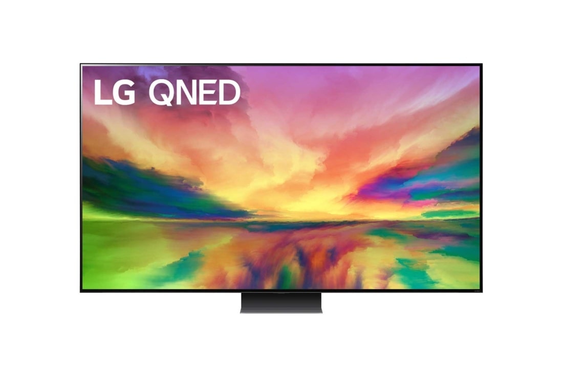 LG 2023款 86 英寸  <br>LG QNED81 4K 智能電視, LG QNED電視的正面視圖，屏幕上帶有圖像和產品標志, 86QNED81CRA
