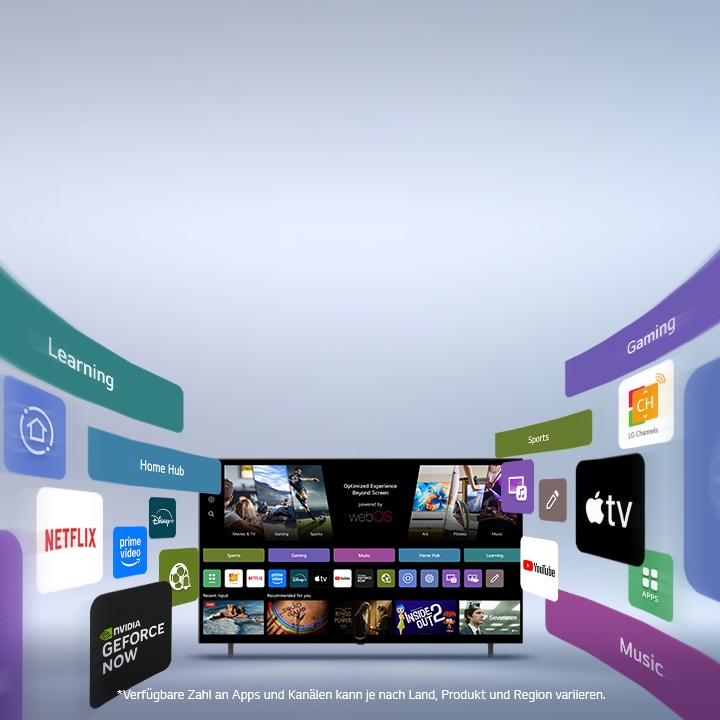 LG Smart TV zeigt einen webOS-Startbildschirm mit Entertainment-Apps und LG Channels UI-Elementen, die sich dynamisch nach au?en ausdehnen und globale Apps und Kan?le hervorheben.