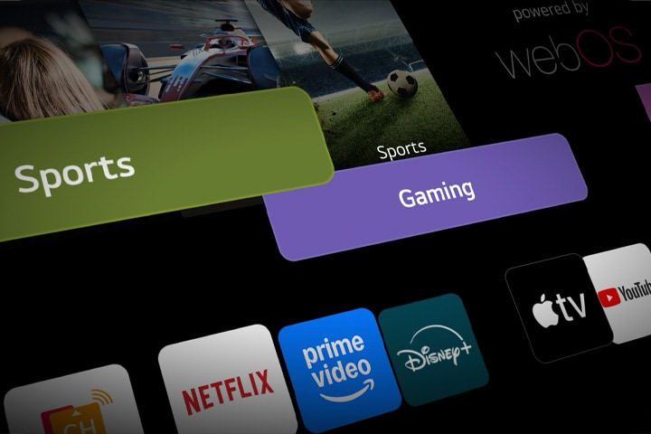 LG Smart TV-Schnittstelle mit animierten Kategorieboxen, die nahtlos in den webOS-Startbildschirm übergehen und den personalisierten Zugriff auf Inhalte über einen einheitlichen Smart Hub erm?glichen.
