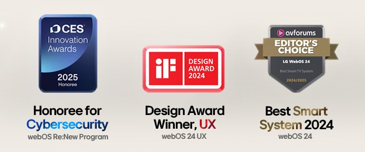 Auszeichnungslogos wie CES, iF Design Award und AVForums Editors' Choice