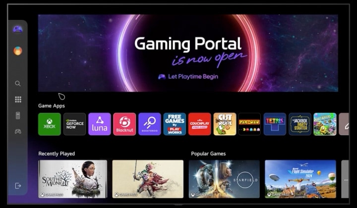 LG TV zeigt den Bildschirm des Gaming Portals an und scrollt nach unten durch die verfügbaren Games und Funktionen. Das Video zeigt einen Benutzer, der zum Einstellungsmenü auf der linken Seite navigiert und verschiedene Gaming-Optionen wie GFN, Luna, Blacknut, Boosteroid und Xbox zeigt.