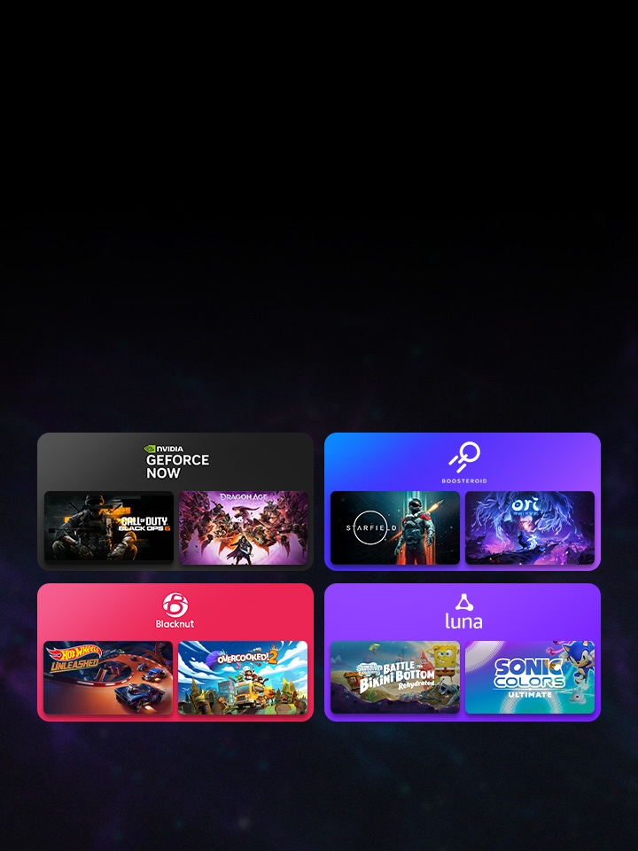 Vier farbige Boxen mit jeweils einem Cloud-Gaming-Service-Logo und zwei Miniaturansichten von Games, die beliebte Cloud-Gaming-Plattformen wie GeForce NOW und Boosteroid hervorheben, die über das LG Gaming Portal zug?nglich sind.