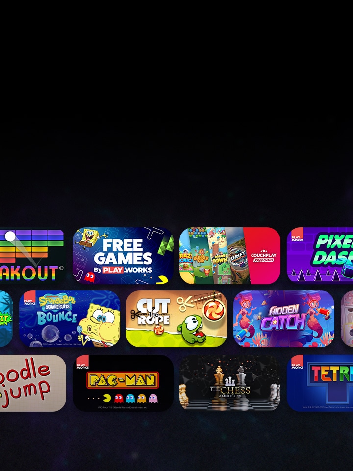 Verschiedene Miniaturansichten von Games, die in drei Reihen auf dem LG TV angeordnet sind und Hunderte von einfach zu spielenden kostenlosen Games bieten, die sich ideal für Einzel- oder Mehrspieler-Spa? mit nur der Fernbedienung eignen.