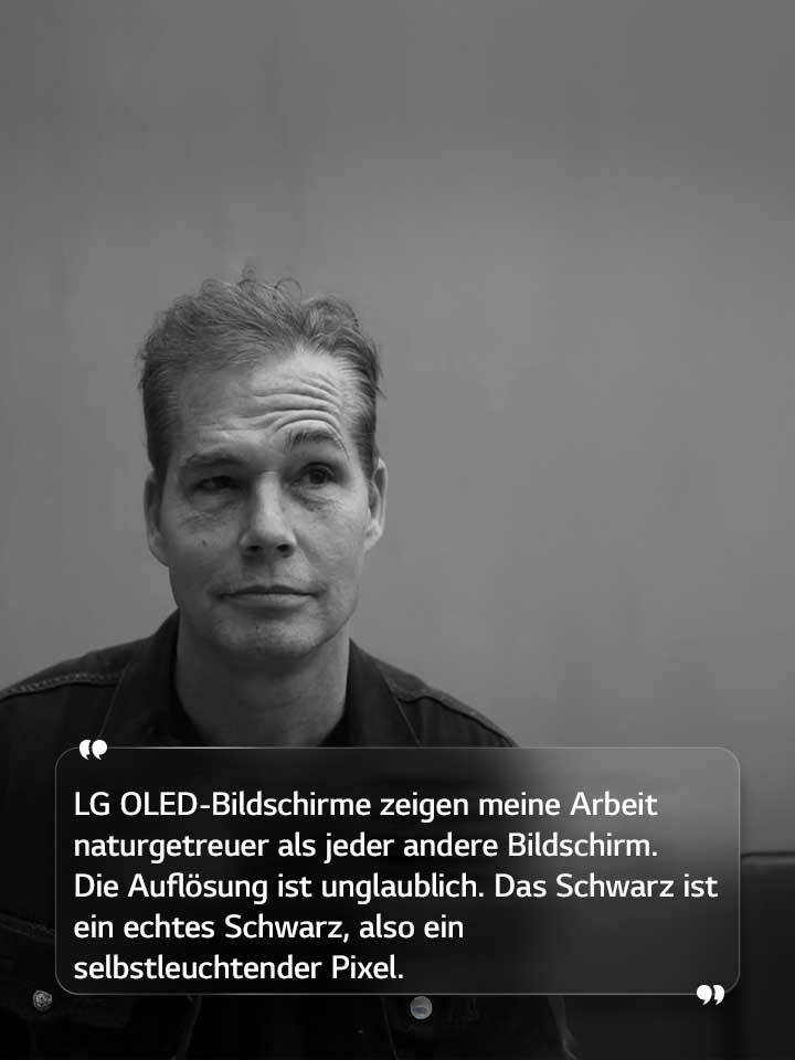 Interview von Shepard Fairey mit dem Text: ?LG OLED-Bildschirme geben meine Arbeit genauer wieder als jeder andere Bildschirm. Die Aufl?sung ist unglaublich. Das Schwarz ist ein echtes Schwarz, also ein selbstleuchtender Pixel.“ 
