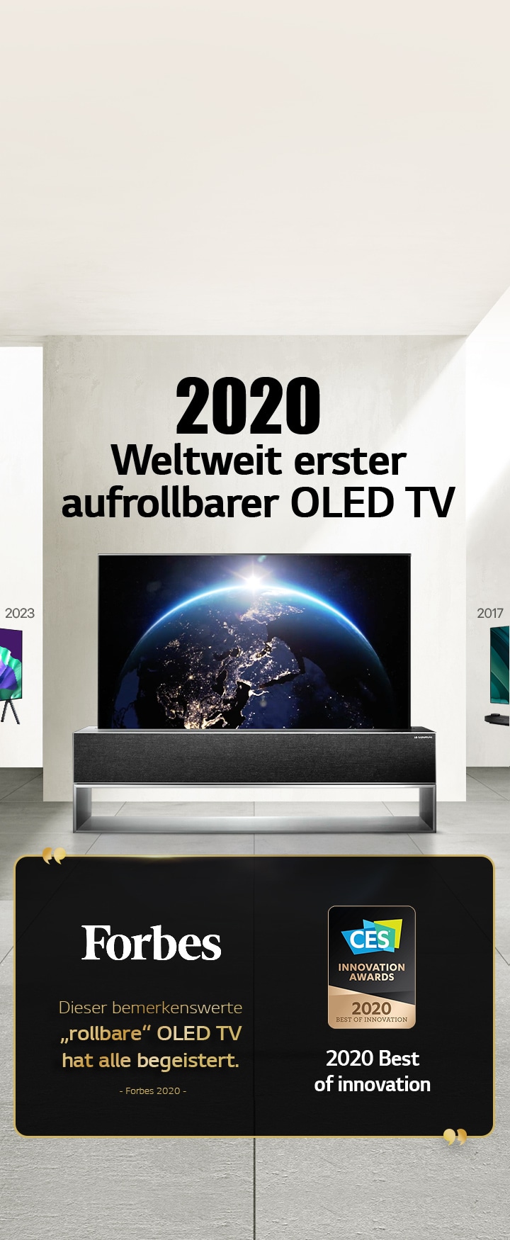 LG TV. Der Titel lautet ?2020 Weltweit erster aufrollbarer OLED TV“. Auszeichnungen daneben. Forbes, dieser bemerkenswerte rollbare OLED TV hat alle begeistert. 2020 Auszeichnung ?Best of Innovation“ von CES Innovation Awards.