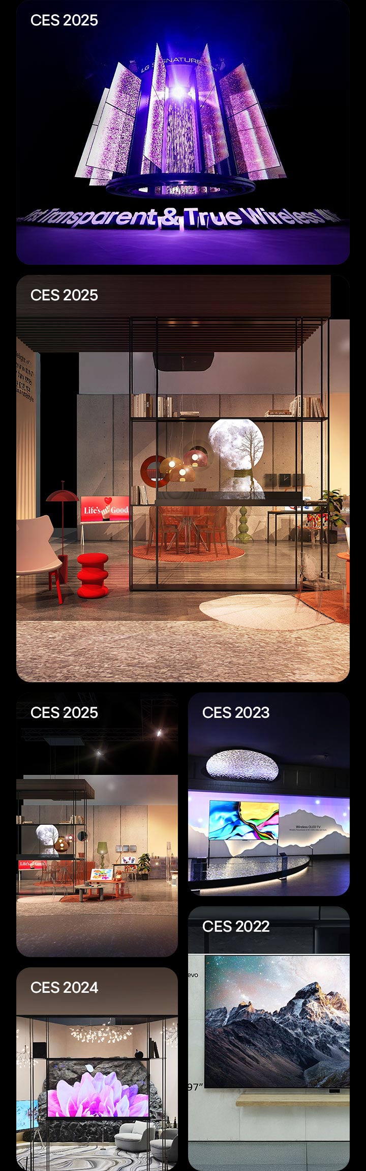 Es werden verschiedene LG OLED-Exponate und -Installationen auf der CES vorgestellt. Dies schlie?t die CES 2022, CES 2023, CES 2024 und CES 2025 ein. 