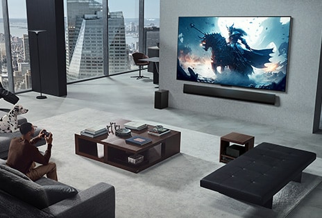 Wohnzimmer mit einer Person, die ein Video-Game auf einem an der Wand montierten LG True Wireless TV mit LG Soundbar spielt. Sie h?lt einen Controller in der Hand, aber die Spielkonsole ist nicht sofort zu sehen. Es sind auch keine Kabel zu sehen. Die Zero Connect Box steht versteckt unter einem Beistelltisch.