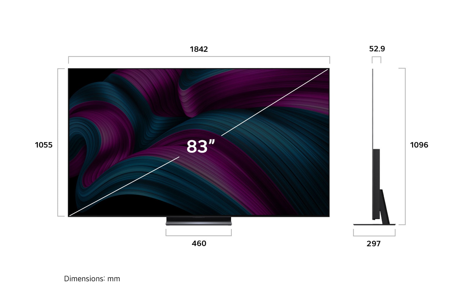 Frontansicht und Seitenansicht des LG OLED evo AI C5 4K Smart TV mit den Abmessungen der L?nge, Breite, H?he und Tiefe.