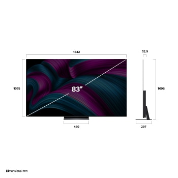 Frontansicht und Seitenansicht des LG OLED evo AI C5 4K Smart TV mit den Abmessungen der L?nge, Breite, H?he und Tiefe.