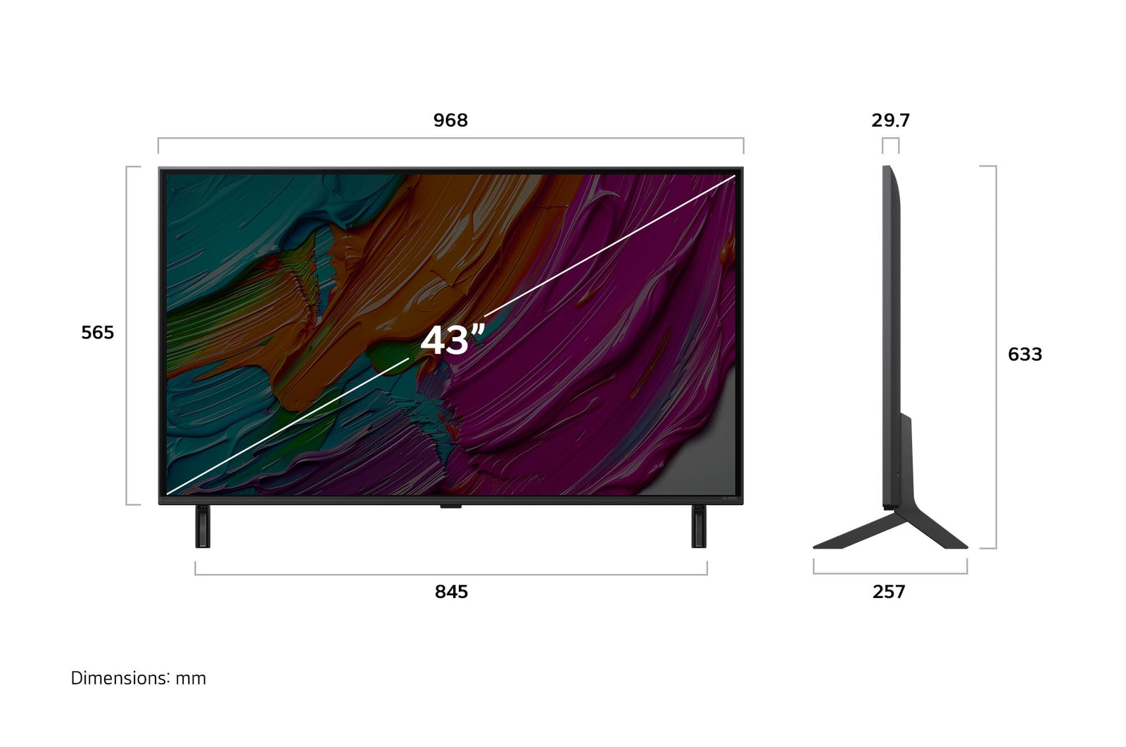Frontansicht und Seitenansicht des LG QNED AI QNED80 4K Smart TV mit den Abmessungen L?nge, Breite, H?he und Tiefe.