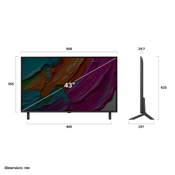 Frontansicht und Seitenansicht des LG QNED AI QNED80 4K Smart TV mit den Abmessungen L?nge, Breite, H?he und Tiefe.