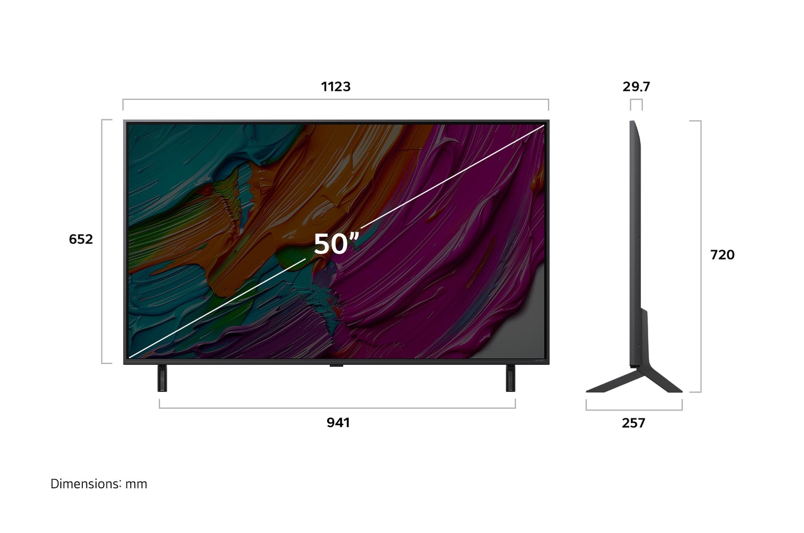 Frontansicht und Seitenansicht des LG QNED AI QNED80 4K Smart TV mit den Abmessungen L?nge, Breite, H?he und Tiefe.