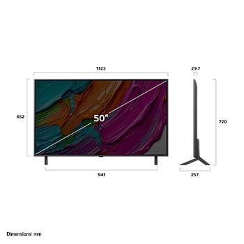 Frontansicht und Seitenansicht des LG QNED AI QNED80 4K Smart TV mit den Abmessungen L?nge, Breite, H?he und Tiefe.