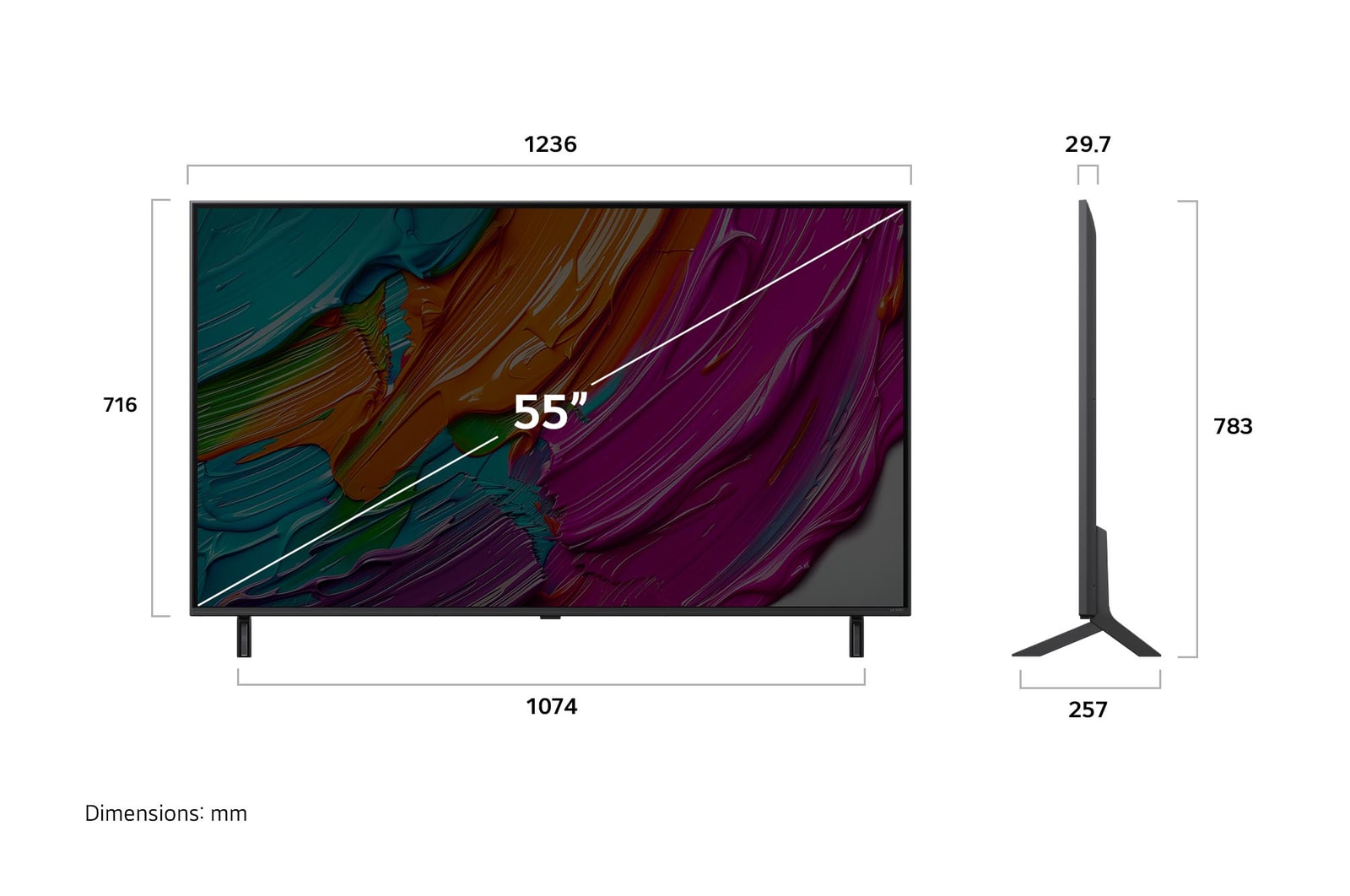 Frontansicht und Seitenansicht des LG QNED AI QNED80 4K Smart TV mit den Abmessungen L?nge, Breite, H?he und Tiefe.