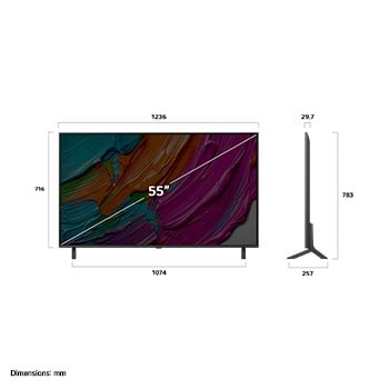Frontansicht und Seitenansicht des LG QNED AI QNED80 4K Smart TV mit den Abmessungen L?nge, Breite, H?he und Tiefe.