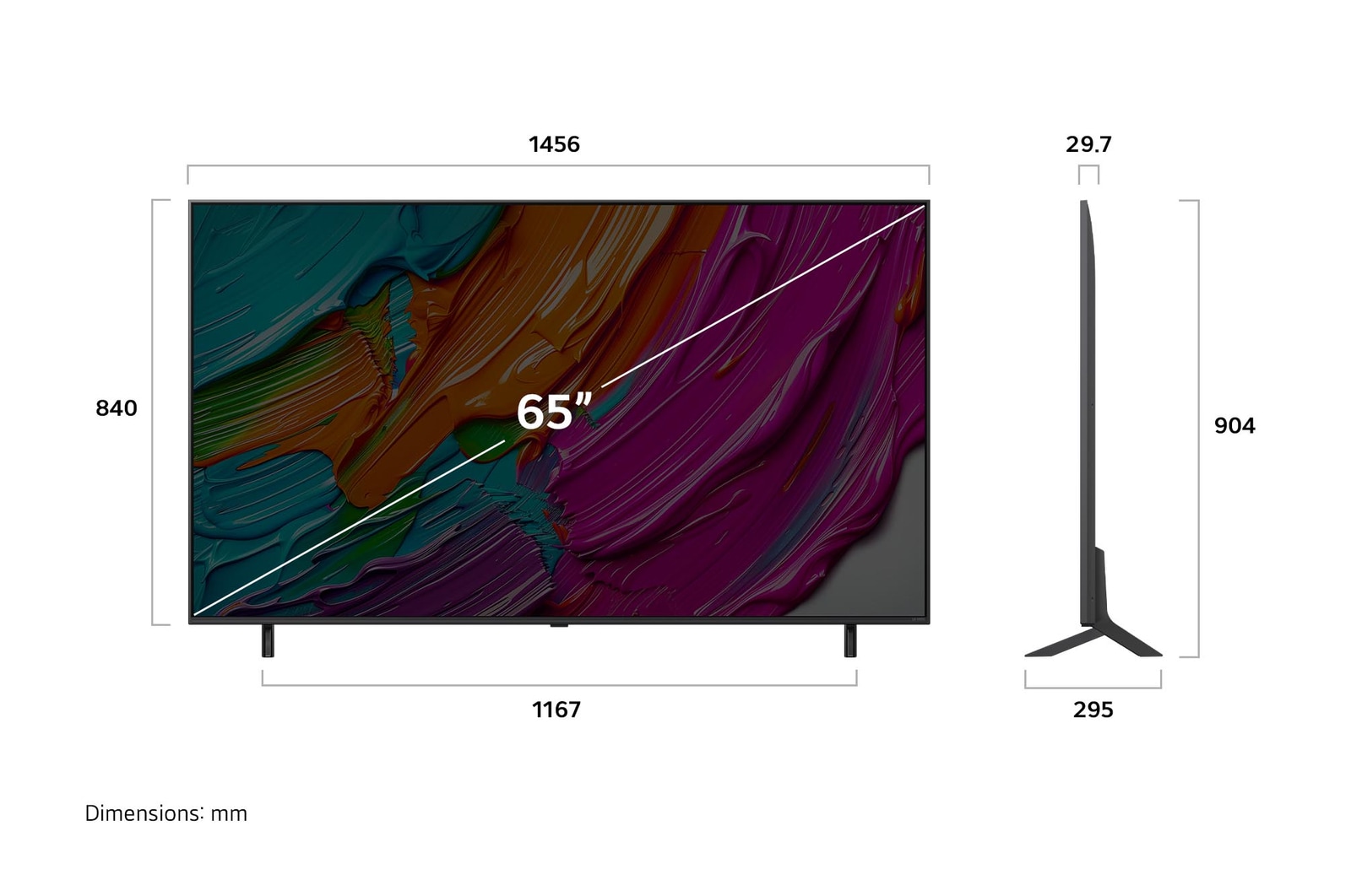 Frontansicht und Seitenansicht des LG QNED AI QNED80 4K Smart TV mit den Abmessungen L?nge, Breite, H?he und Tiefe.