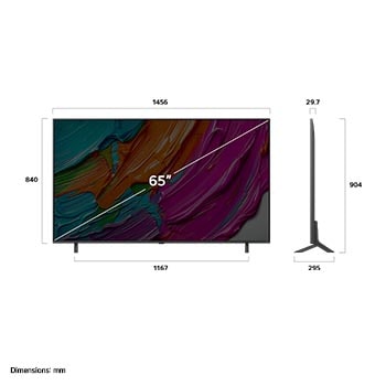 Frontansicht und Seitenansicht des LG QNED AI QNED80 4K Smart TV mit den Abmessungen L?nge, Breite, H?he und Tiefe.