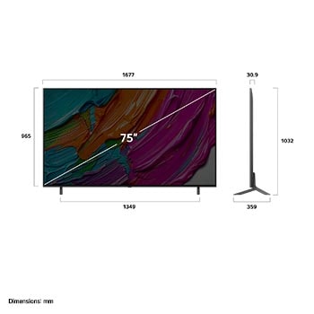 Frontansicht und Seitenansicht des LG QNED AI QNED80 4K Smart TV mit den Abmessungen L?nge, Breite, H?he und Tiefe.