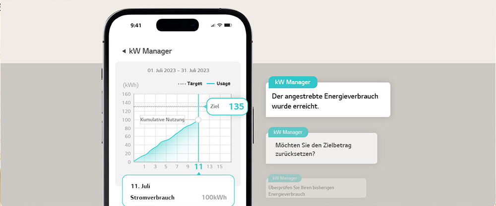 Wenn der vorgegebene Zielwert erreicht und verwendet wird, erfolgt eine Benachrichtigung innerhalb der ThinQ-App.