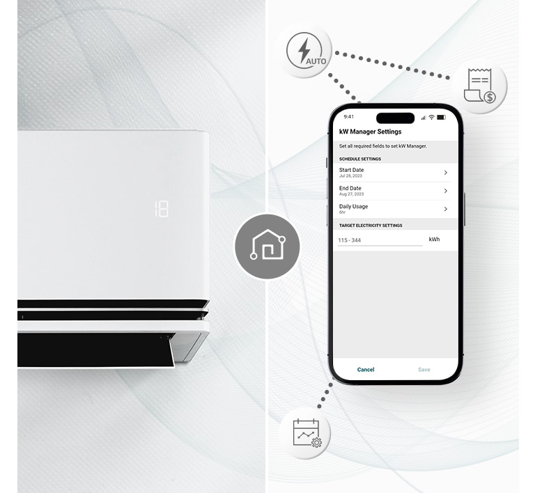 Eine Klimaanlage und ein Smartphone mit LG ThinQ?-Bildschirm. Rund um das Mobiltelefon werden Symbole angezeigt, die ThinQ-Funktionen vorstellen.