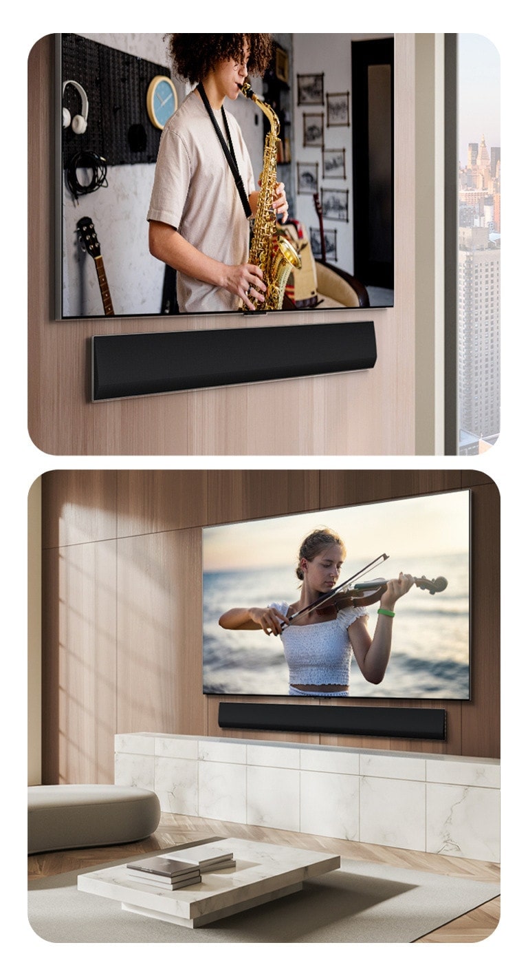 Eine schr?ge Perspektive einer LG Soundbar und eines LG TVs, die an der Wand befestigt sind, wobei auf dem Bildschirm ein Trompetenstück zu sehen ist.  LG Soundbar und LG TV an der Holzwand einer Wohnung, wobei eine Frau beim Geigenspiel am Meer zu sehen ist.