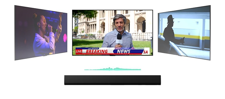 Eine LG Soundbar mit drei verschiedenen Fernsehbildschirmen darüber. Der unmittelbar obere zeigt einen Nachrichtensprecher, der vor einem prachtvollen Geb?ude eine Eilmeldung berichtet. Der Fernseher auf der rechten Seite zeigt ein Standbild eines Actionfilms mit einem Mann im Schatten. Der Fernseher auf der linken Seite zeigt ein Musikkonzert mit einer singenden Frau. Zwischen Fernseher und Soundbar ist ein hellgrünes Diagramm einer Klangwelle zu sehen.
