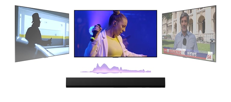 Eine LG Soundbar mit drei verschiedenen Fernsehbildschirmen darüber. Der unmittelbar obere zeigt ein Musikkonzert mit einer singenden Frau. Der Fernseher auf der rechten Seite zeigt einen Nachrichtensprecher, der vor einem prachtvollen Geb?ude eine Eilmeldung berichtet. Der Fernseher auf der linken Seite zeigt ein Standbild eines Actionfilms mit einem Mann im Schatten. Zwischen Fernseher und Soundbar ist ein violettes Diagramm einer Klangwelle zu sehen.